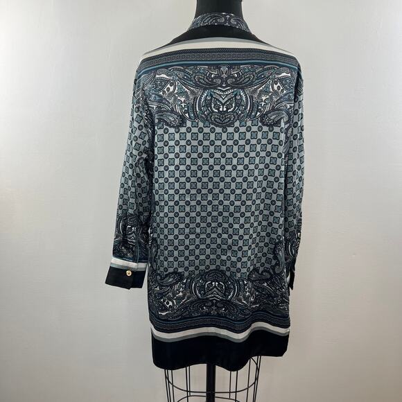 ZARA Black/Blue S Popover Blouse Paisley Print Hi Lo Hem V-Neck Long Sleeves - Picture 8 of 9